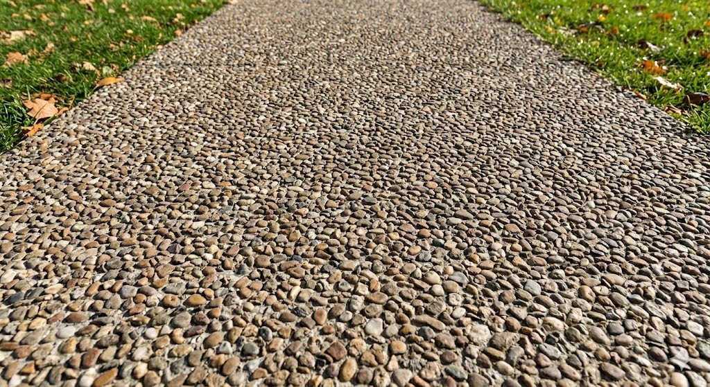 Oprit in uitgewassen beton met een korrelige antislip-afwerking
