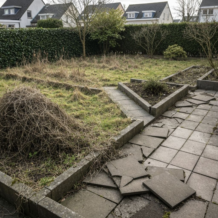 Verwilderde tuin met kapotte tegels voor de renovatie
