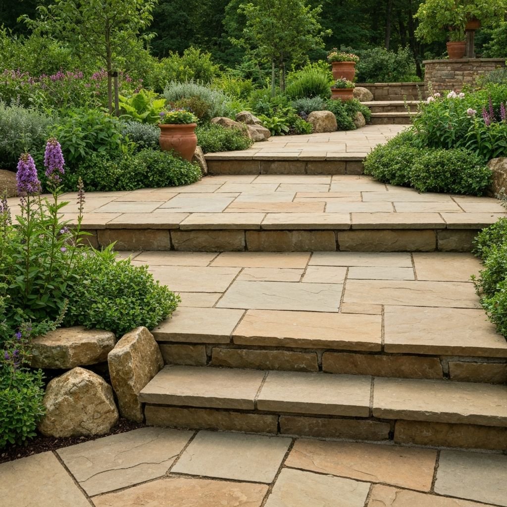 Terras en trappen in natuursteen tussen de beplanting