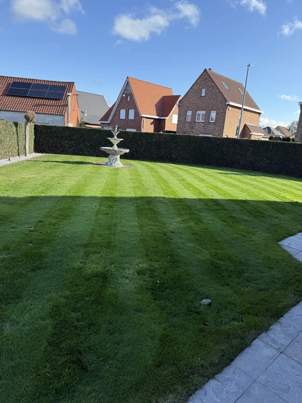 Strak gemaaid gazon met maaistrepen in een grote tuin