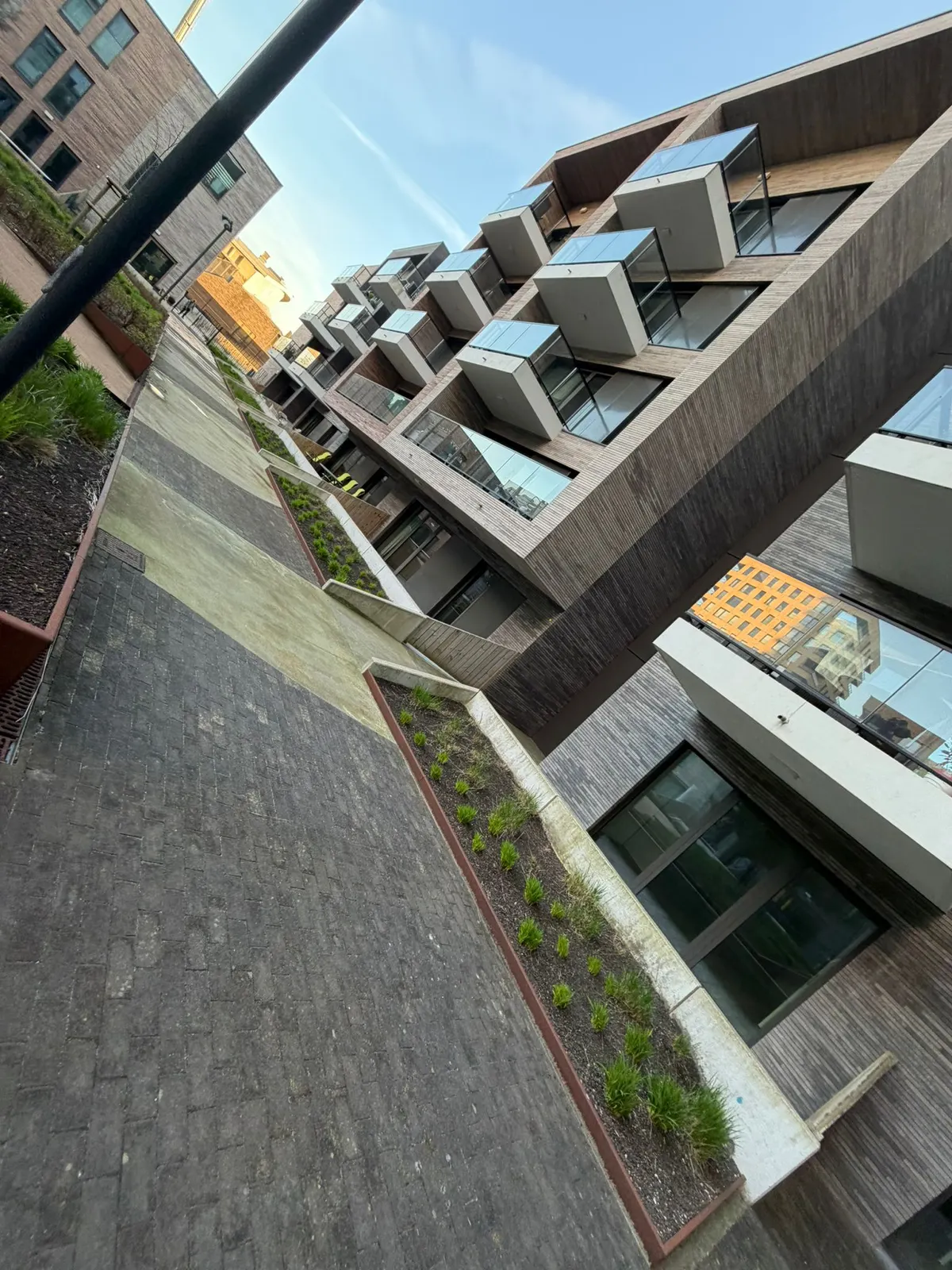 Groenaanleg met sierbeplanting tussen twee appartementsgebouwen