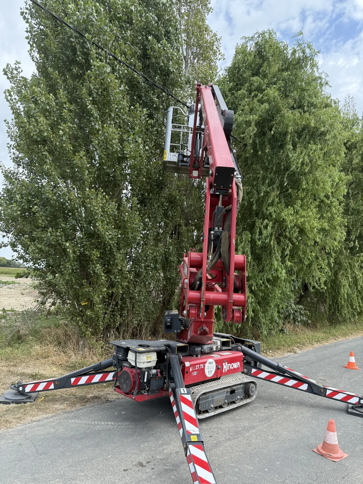 Hoogtewerker van Tuinen Dylan ingezet om een boom te snoeien